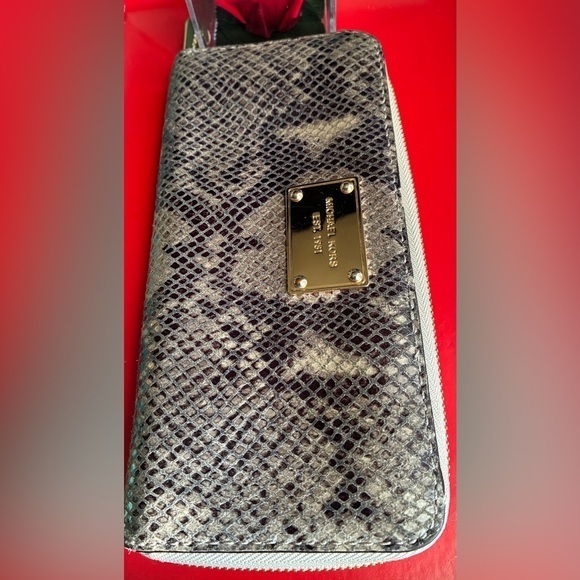 Michael Kors Handbags - Michael Kors Silver Snake-Print Zip Wallet with Gold Plate